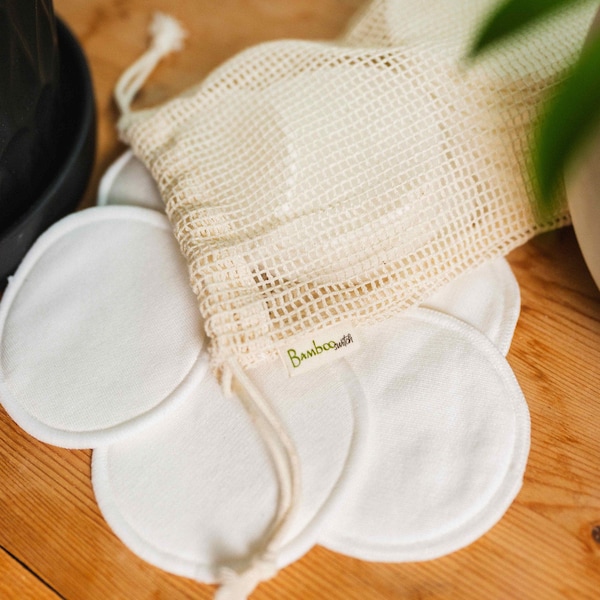 20 Reusable, Organic Bamboo Cotton Facial Rounds Makeup Remover Pads in Organic Cotton Mesh Wash Bag | Plastic Free