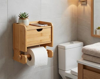 Bamboo Toilet Paper Holder with Shelf and Storage Drawer