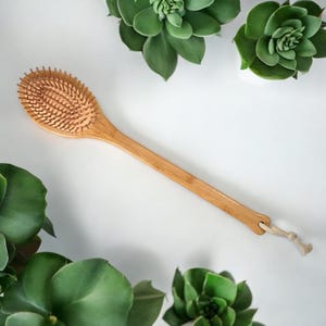 May include: A wooden body brush with a long handle and natural bristles. The brush is oval shaped and has a loop at the end of the handle.