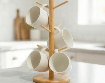 Bamboo Mug Tree | Kitchen Cup Stand | Bundle With Paper Towel Holder