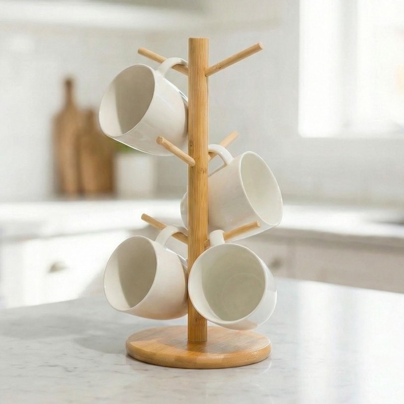 Bamboo Mug Tree | Kitchen Cup Stand | Plastic Free Kitchen Organization image 1