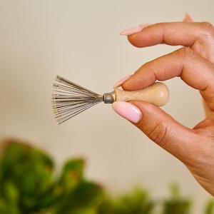 May include: A small, handheld tool with a wooden handle and a fan of thin, metal bristles. The tool has a brass-colored metal ferrule where the bristles meet the handle. The tool is held in a hand with pink nail polish.