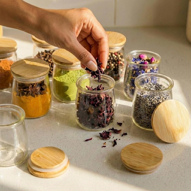 May include: A collection of small, clear glass jars with round bamboo lids, each filled with various dried herbs, spices, and floral botanicals. The jars contain ingredients such as turmeric powder, star anise, green matcha, and dried lavender.