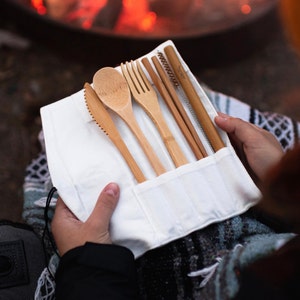 Reusable Organic Bamboo Cutlery Set Compostable, Washable, Travel Bag Included, Camping / Office / Home / Travel image 2