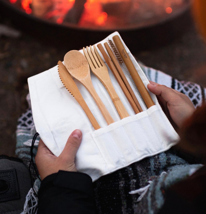 Reusable Organic Bamboo Cutlery Set Compostable, Washable, Travel Bag Included, Camping / Office / Home / Travel image 2
