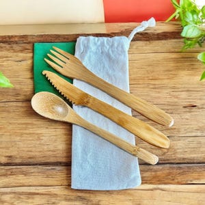 Kids Bamboo Cutlery Set – Reusable Fork Spoon Knife with Travel Pouch