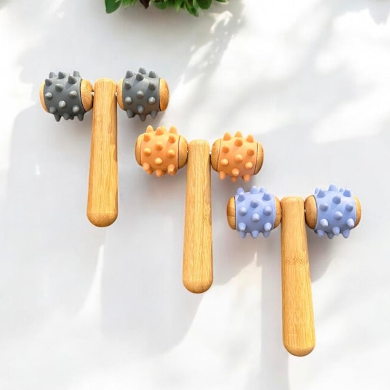 Double-Head Bamboo Body Massager with Silicone Spiked Rollers