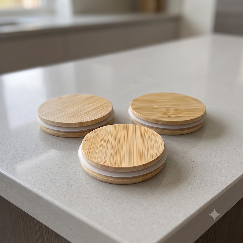 Puede incluir: Tres tapas circulares de bamb&uacute; con un acabado de veta de madera marr&oacute;n claro y un anillo de sellado de silicona blanca en el borde. Cada tapa es plana en la parte superior con una superficie lisa, dise&ntilde;ada para encajar firmemente.
