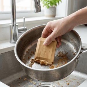 May include: A rectangular, light brown wooden pan scraper with beveled edges being used to remove food residue from the interior of a stainless steel cooking pot. The tool features a smooth, flat surface and is held inside the metal pot.