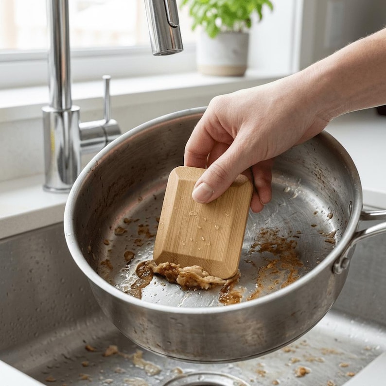 May include: A rectangular, light brown wooden pan scraper with beveled edges being used to remove food residue from the interior of a stainless steel cooking pot. The tool features a smooth, flat surface and is held inside the metal pot.