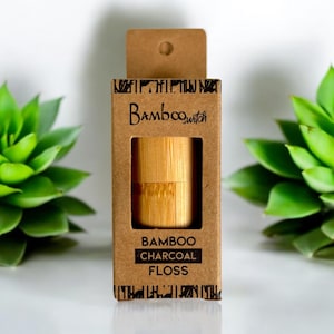 Charcoal Bamboo Dental Floss in Bamboo Holder | Eco Friendly & Plastic Free | Biodegradable Vegan Floss