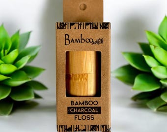Charcoal Bamboo Dental Floss with Reusable Bamboo Holder: Vegan, Plastic-Free