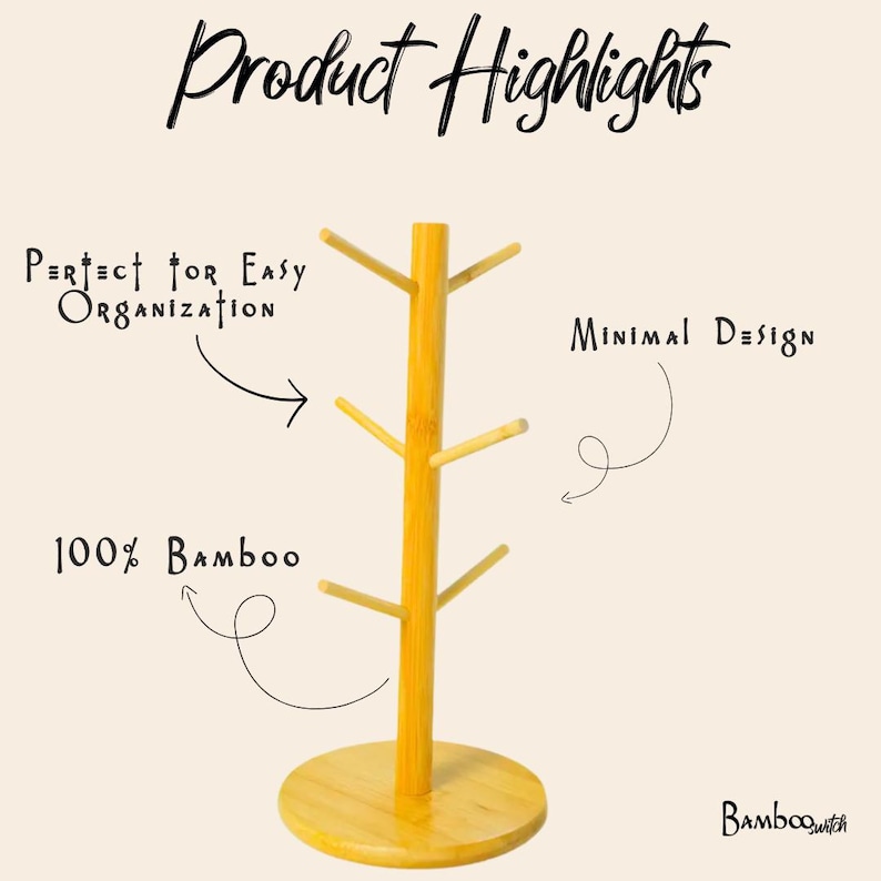 Bamboo Mug Tree | Kitchen Cup Stand | Plastic Free Kitchen Organization image 4