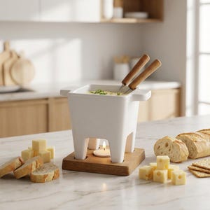 May include: A white ceramic fondue pot with a wooden base, legs, and handles. Two fondue forks with wooden handles are in the pot. Cubes of cheese, bread slices, and crackers are arranged around the pot. A lit tea light candle is inside.