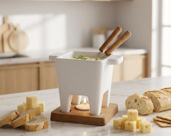 Ceramic Cheese Fondue Set: with Candle and Bamboo Base