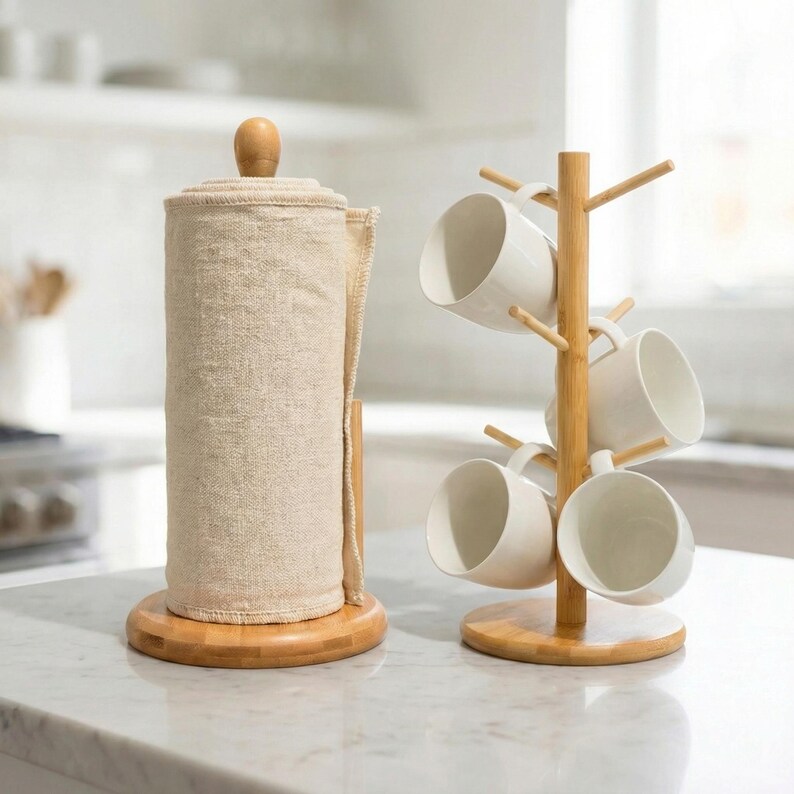 Bamboo Mug Tree | Kitchen Cup Stand | Plastic Free Kitchen Organization Add Towel Holder