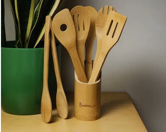 Set utensili da cucina da 6 pezzi con borsa da viaggio / Bambù / Portautensili / Organizzazione della cucina / Idea regalo / Regalo per l'inaugurazione della casa / Strumenti di cucina /