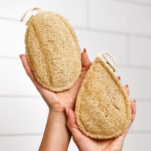 May include: Two oval-shaped loofah sponges with a fibrous, tan-colored texture. Each sponge features a small fabric loop at the top for hanging, with a small white tag attached that reads Bamboo in black text. The sponges have a porous, natural look.