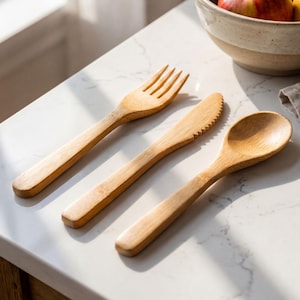 Bamboo Cutlery Set with Spoon, Fork, Knife | Reusable Wooden Utensils