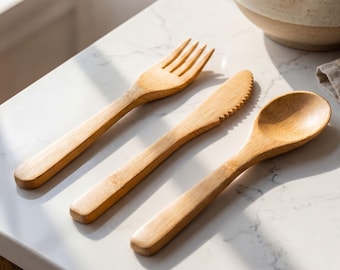 Bamboo Cutlery Set with Spoon, Fork, Knife | Reusable Wooden Utensils