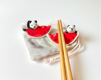 Porcelain Chopstick Rest Set: Pandas with Watermelon, Ceramic Eco-Friendly Kitchen Decor