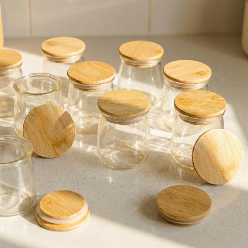 May include: A collection of small, clear glass jars with round, light-colored bamboo lids. Several jars are standing upright, while some lids are placed separately on the surface. The jars have a smooth, cylindrical shape and a wide opening.