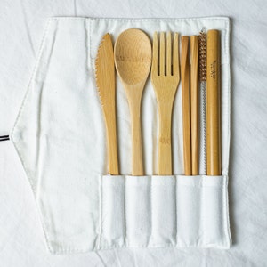 Reusable Organic Bamboo Cutlery Set | Compostable, Washable, Travel Bag Included, Camping / Office / Home / Travel