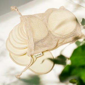 20 capsules faciales réutilisables en coton de chanvre biologique | Tampons démaquillants dans une trousse de toilette en filet de coton biologique | Sans plastique