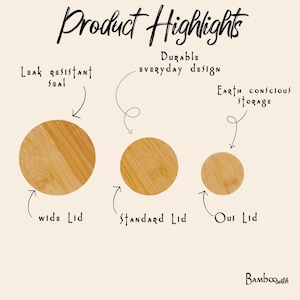 May include: Three circular bamboo lids labeled as wide, standard, and oui lids. Text includes Product Highlights, Leak resistant seal, Durable everyday design, Earth conscious storage, and the brand name Bambooswitch in the bottom right corner.