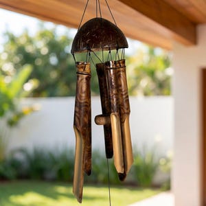 Bamboo Wind Chime Coconut Shell Top: Handmade Outdoor Garden Patio Decor