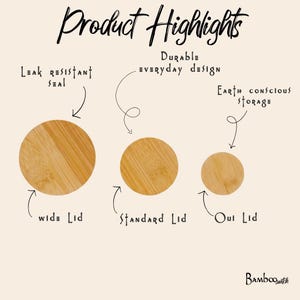 Puede incluir: Tres tapas circulares de bamb&uacute; etiquetadas como tapas wide, standard y oui. El texto incluye Product Highlights, Leak resistant seal, Durable everyday design, Earth conscious storage y la marca Bambooswitch en la esquina inferior derecha.