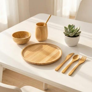 May include: A bamboo dining set includes a plate, bowl, cup with a stirring stick, and cutlery: a knife, spoon, and fork. A small succulent in a white pot sits nearby. The items are arranged on a white table.