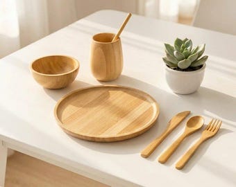 Bamboo Dinnerware Set: Eco-Friendly Plate, Bowl, Cup & Utensils Bundle