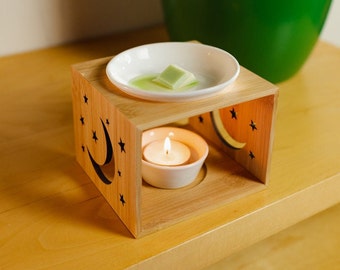 Bamboo Moon Wax Melt Burner | Tea Light Burner | Candle Wax Burner | Oil Diffuser | Bedroom and Home Natural Decor | Gift