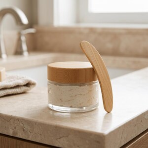 May include: A clear glass jar filled with a thick, off-white cream, topped with a round bamboo lid. A curved wooden spatula rests against the side of the jar. The container features a smooth, transparent base and a natural light wood grain finish.