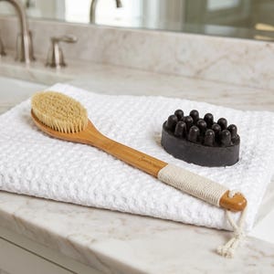 Bamboo Shower Brush with Natural Sisal Bristle: Dry Brush For Bath + Charcoal Soap Bar