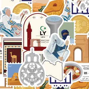 Może przedstawiać: Kolaż naklejek z libijskimi elementami kulturowymi. Zawiera obrazy meczetu, wielbłąda, tradycyjnego jedzenia i mapy Libii. Naklejki mają estetykę podróży w stylu vintage z tekstem w języku arabskim i angielskim.