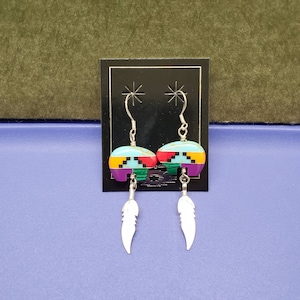Q925 Multicolor Bear Earrings | Bear With Feather Sterling Silver Hook Earrings | Southwestern Jewelry | Multicolor Earrings | Made in USA