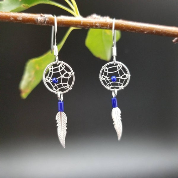 Q925 Small Blue Lapis Dream Catcher Dangle Earrings | Sterling Silver Southwestern Dream Catcher Earrings | Simple Light Weight Earrings