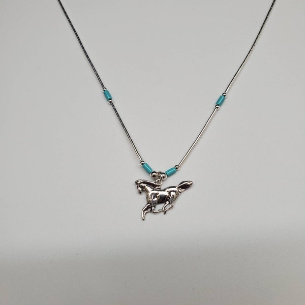 Q925 Silver Running Horse Pendant With Sterling Liquid Silver Necklace 16 inches | Boho Necklace | Sterling Silver Southwestern Necklace