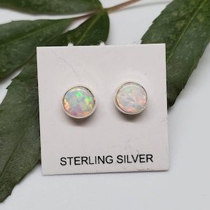 Sterling silver stud earrings - fire opal studs 6mm - 8 colors desert opal 6mm round shape - mini opal studs - everyday studs Made in USA White