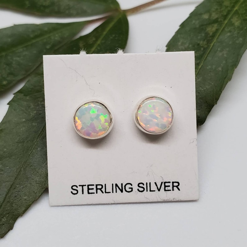 Sterling silver stud earrings - fire opal studs 6mm - 8 colors desert opal 6mm round shape - mini opal studs - everyday studs Made in USA White