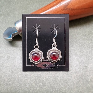 Q925 Red Garnet Dangle Earrings | Sterling Silver Dangle Earrings | Sterling Silver Red Garnet Jewelry | Flower Concho Earrings Made in USA