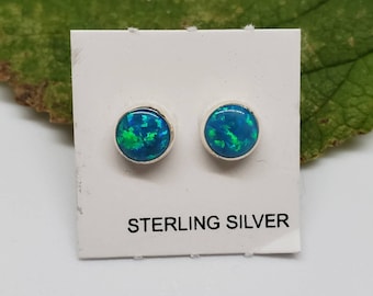 Sterling silver stud earrings - fire blue green opal dots 6mm round - mini opal studs - fire opal jewelry | Opal Stud Earrings Made in USA