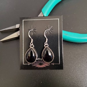 Simple Teardrop Black Onyx Dangle Earrings | Sterling Silver Dangle Earrings | Silver Onyx Jewelry | Dainty Black Onyx Teardrop Earrings
