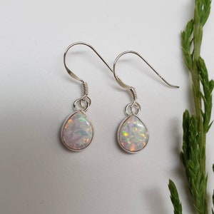 Q925 Dainty White Opal Teardrop Dangle Earrings | Small White Opal Earrings | Sterling Silver Dangles | Small White Opal Jewelry Made in USA