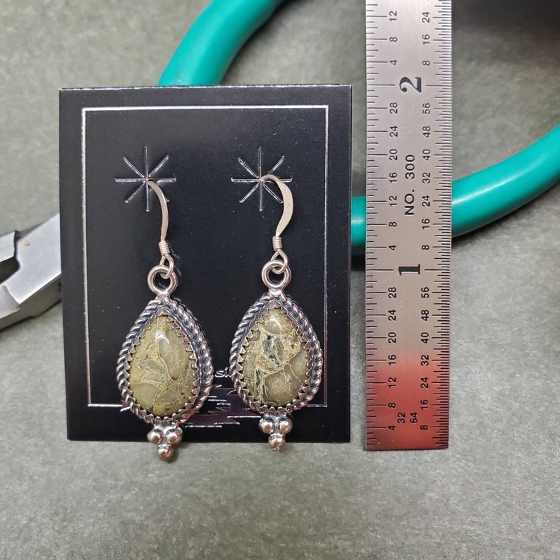 Sterling Silver Dangle Earrings Southwestern Jewelry Q925 Big Green Agate Teardrop Earrings Agate Teardrop Boho Earrings Made in USA