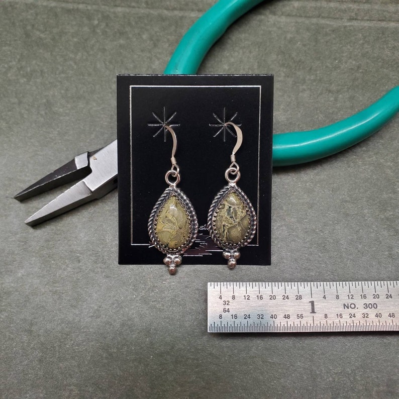 Sterling Silver Dangle Earrings Southwestern Jewelry Q925 Big Green Agate Teardrop Earrings Agate Teardrop Boho Earrings Made in USA