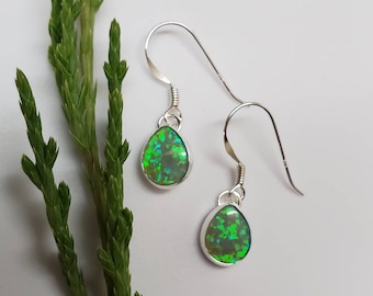 Q925 Lime Green Opal Earrings | Small Simple Opal Teardrop Earrings | Sterling Silver Opal Earrings | Lime Green Opal Jewelry Made in USA