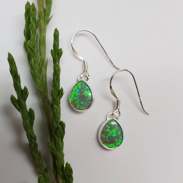 Q925 Lime Green Opal Earrings | Small Simple Opal Teardrop Earrings | Sterling Silver Opal Earrings | Lime Green Opal Jewelry Made in USA